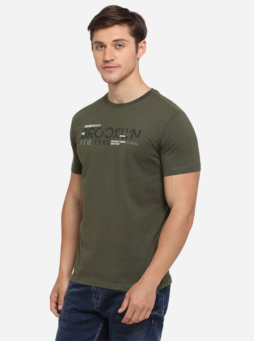 Olive Green Printed Slim Fit T-Shirt | JadeBlue