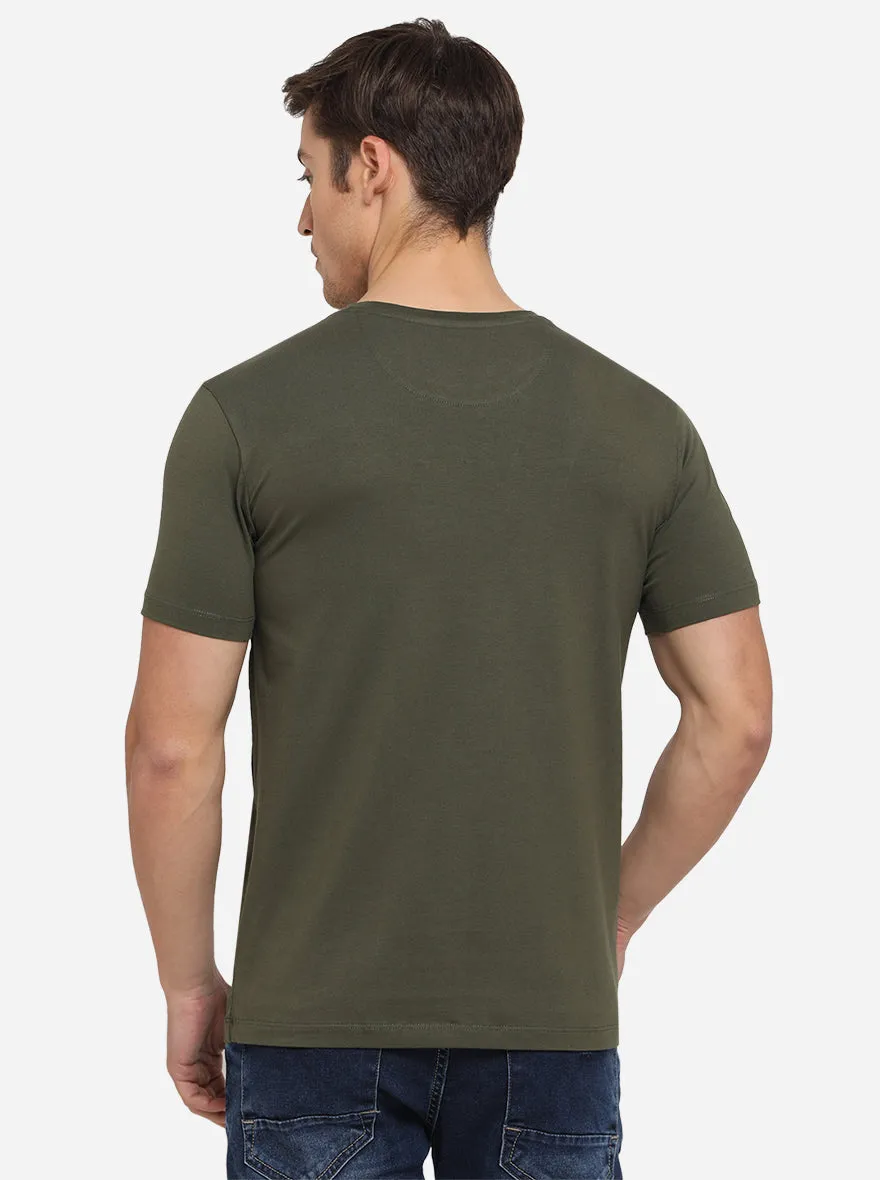 Olive Green Printed Slim Fit T-Shirt | JadeBlue