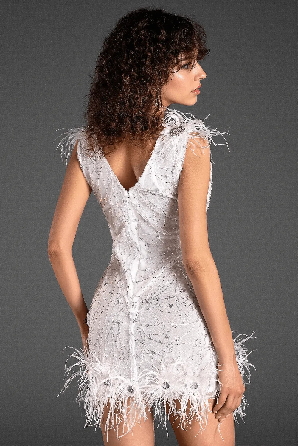 Pantelis V-Neck Sequin Feather Dress