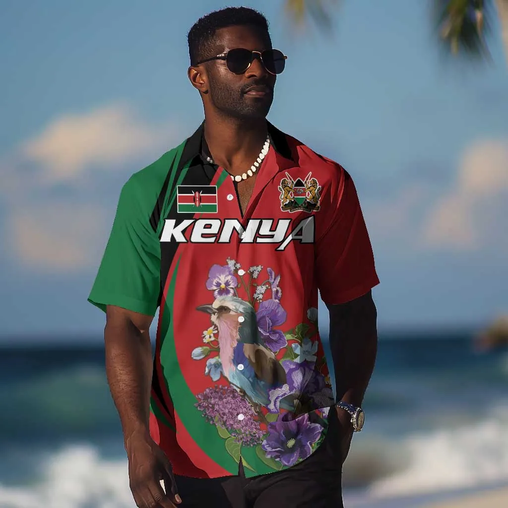 Personalized Afro Kenya Lilac Breasted Roller Hawaiian Shirt With Violet Flowers LT18