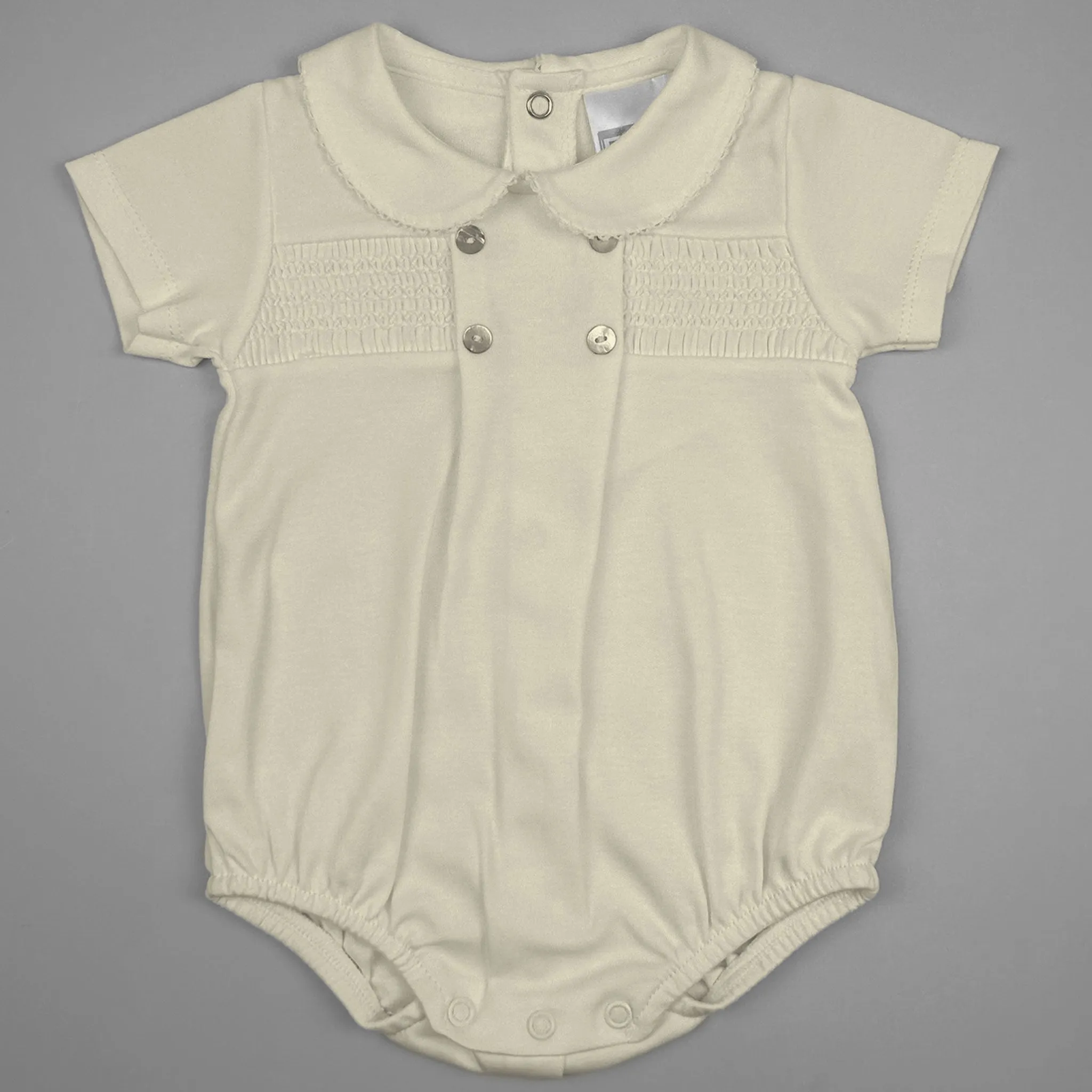 Pex Baby Boy Cream Romper – Peter Pan Collar & Smocked Front