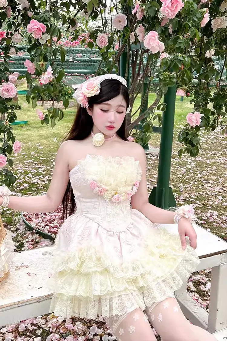 Pink Flower Goddess of Love Ruffle Bowknot Lace Sweet Elegant Lolita Skirt Dress Set