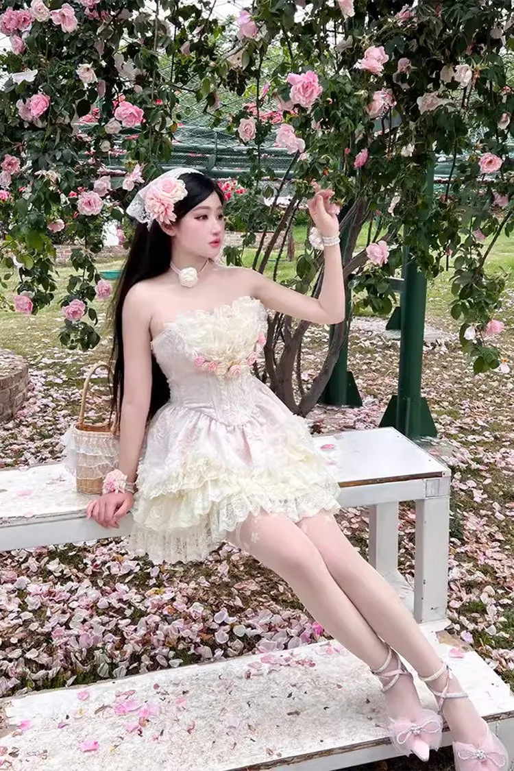 Pink Flower Goddess of Love Ruffle Bowknot Lace Sweet Elegant Lolita Skirt Dress Set