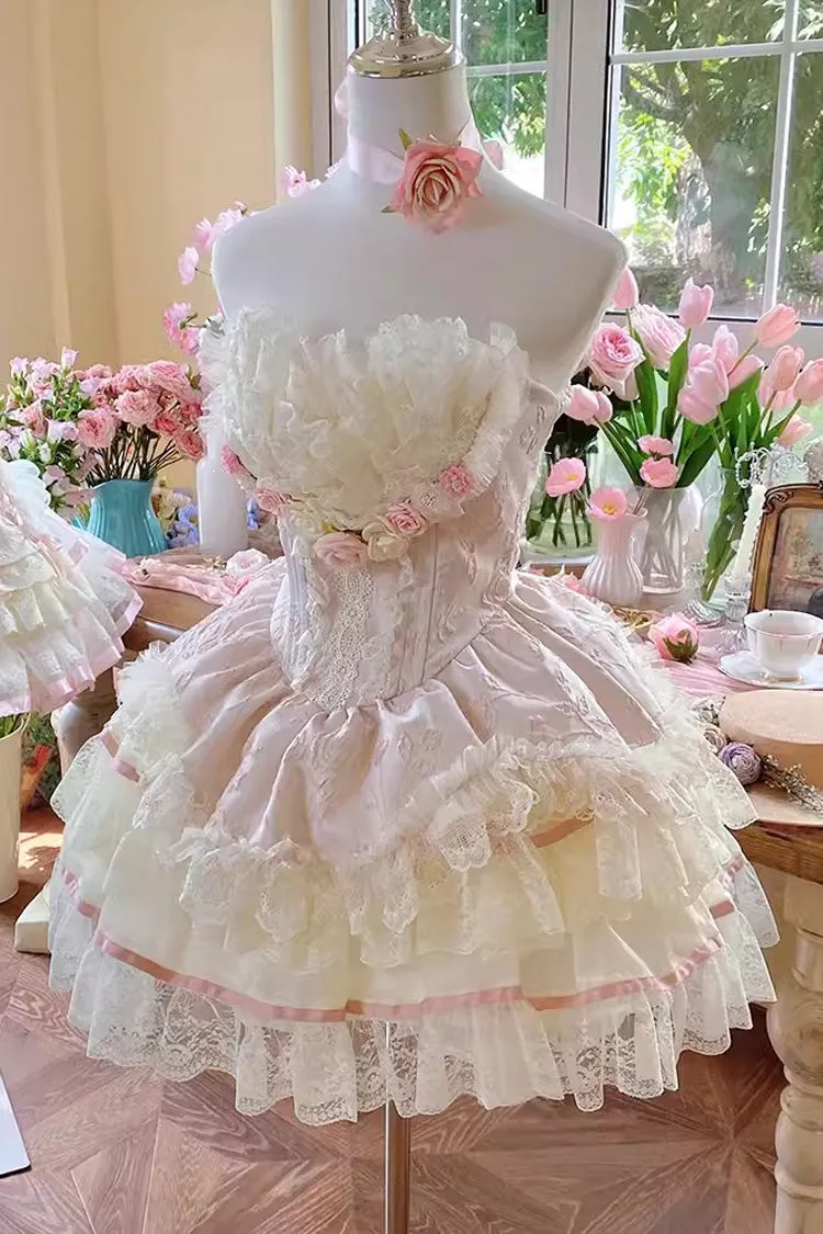 Pink Flower Goddess of Love Ruffle Bowknot Lace Sweet Elegant Lolita Skirt Dress Set