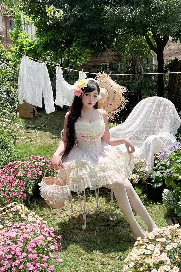 Pink Flower Goddess of Love Ruffle Bowknot Lace Sweet Elegant Lolita Skirt Dress Set