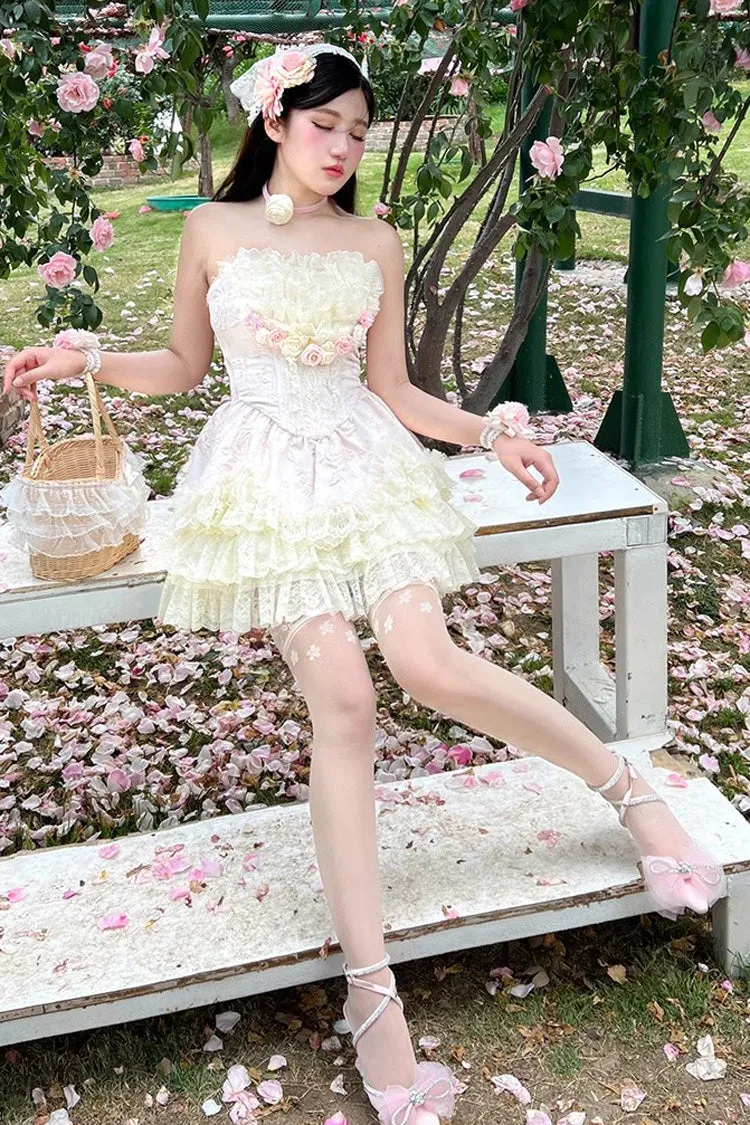 Pink Flower Goddess of Love Ruffle Bowknot Lace Sweet Elegant Lolita Skirt Dress Set