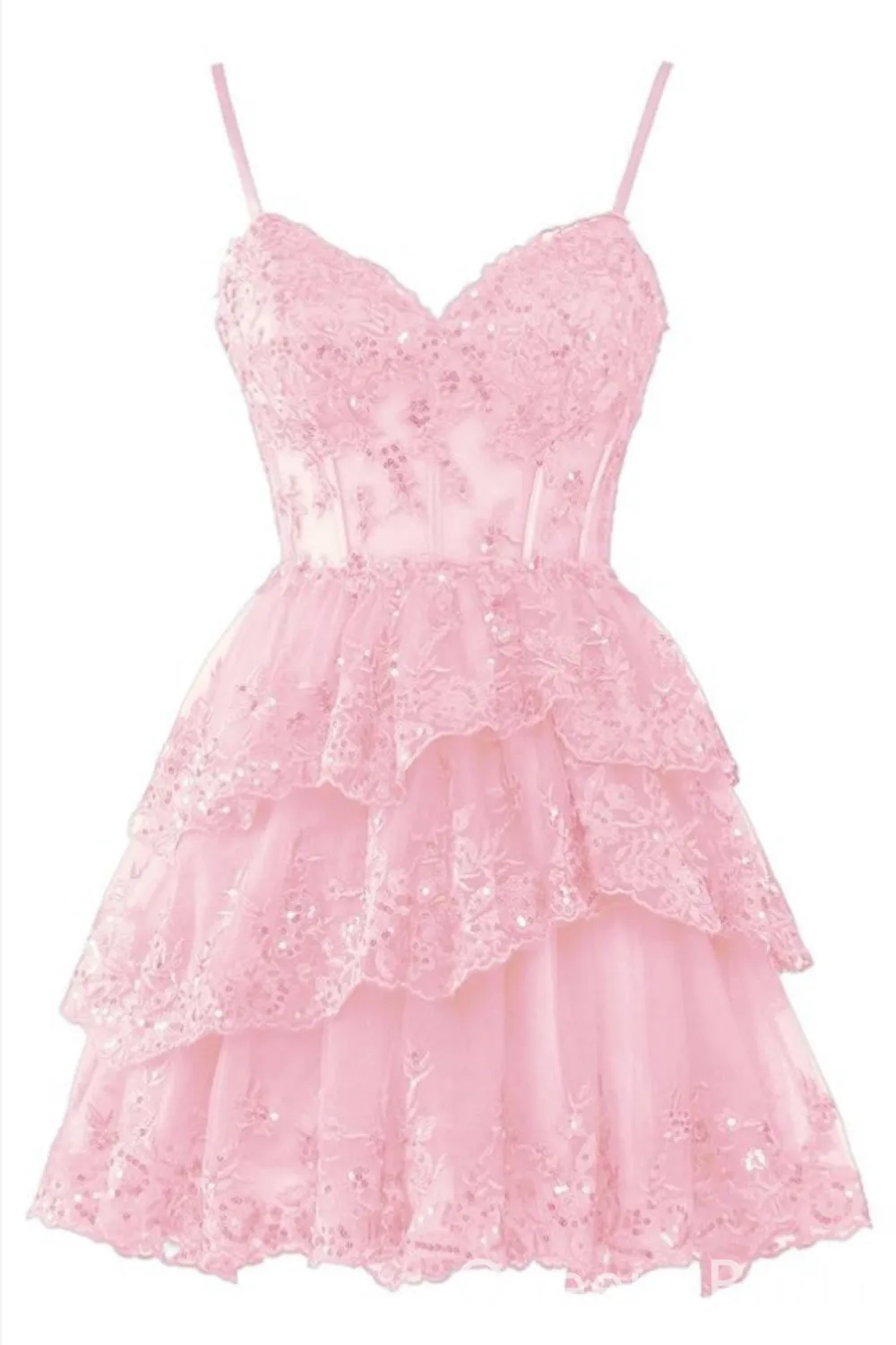Pink Spaghetti Straps Lace Appliques Tiered Sweetheart Graduation Party Short Homecoming Dresses Formal Evening Party Dresses, QB0834