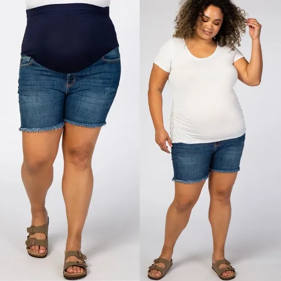 Pinkblush Dark Wash Distressed Raw Hem Full Panel Maternity Plus Size Shorts