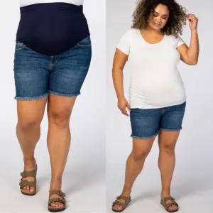 Pinkblush Dark Wash Distressed Raw Hem Full Panel Maternity Plus Size Shorts