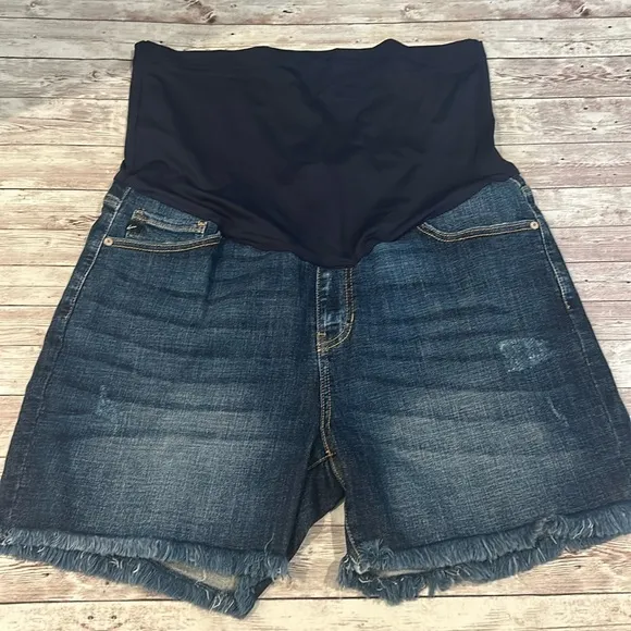 Pinkblush Dark Wash Distressed Raw Hem Full Panel Maternity Plus Size Shorts
