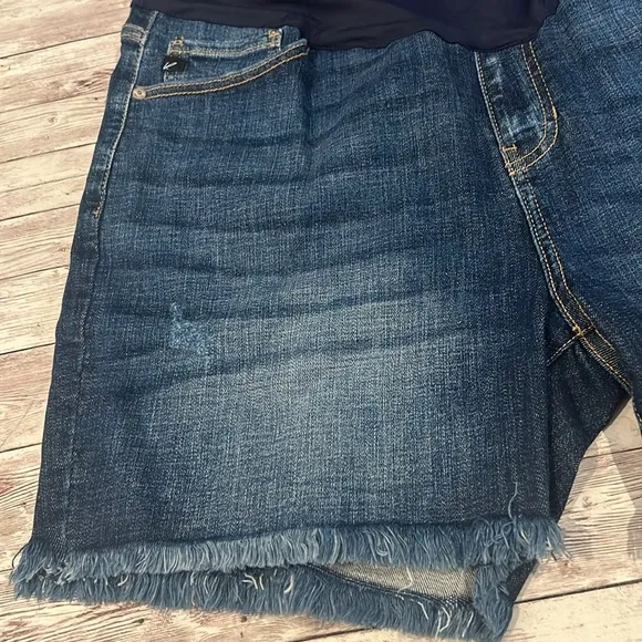 Pinkblush Dark Wash Distressed Raw Hem Full Panel Maternity Plus Size Shorts