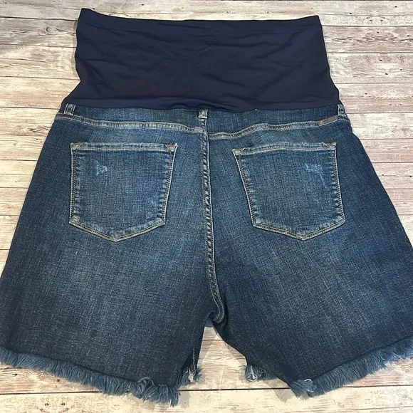 Pinkblush Dark Wash Distressed Raw Hem Full Panel Maternity Plus Size Shorts