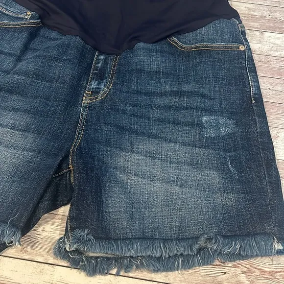 Pinkblush Dark Wash Distressed Raw Hem Full Panel Maternity Plus Size Shorts