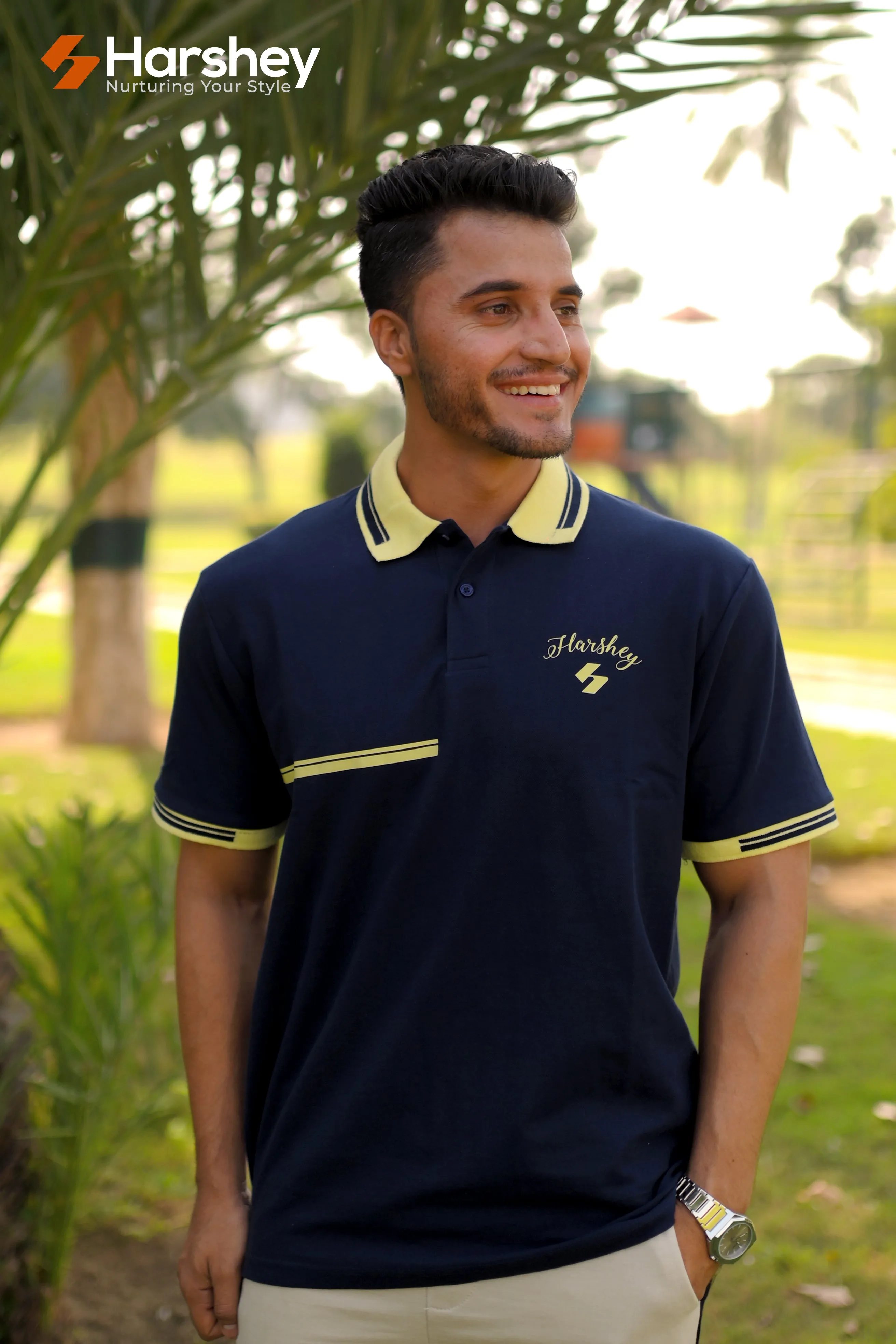 Polished Blue Polo with Mustard Yello Collar