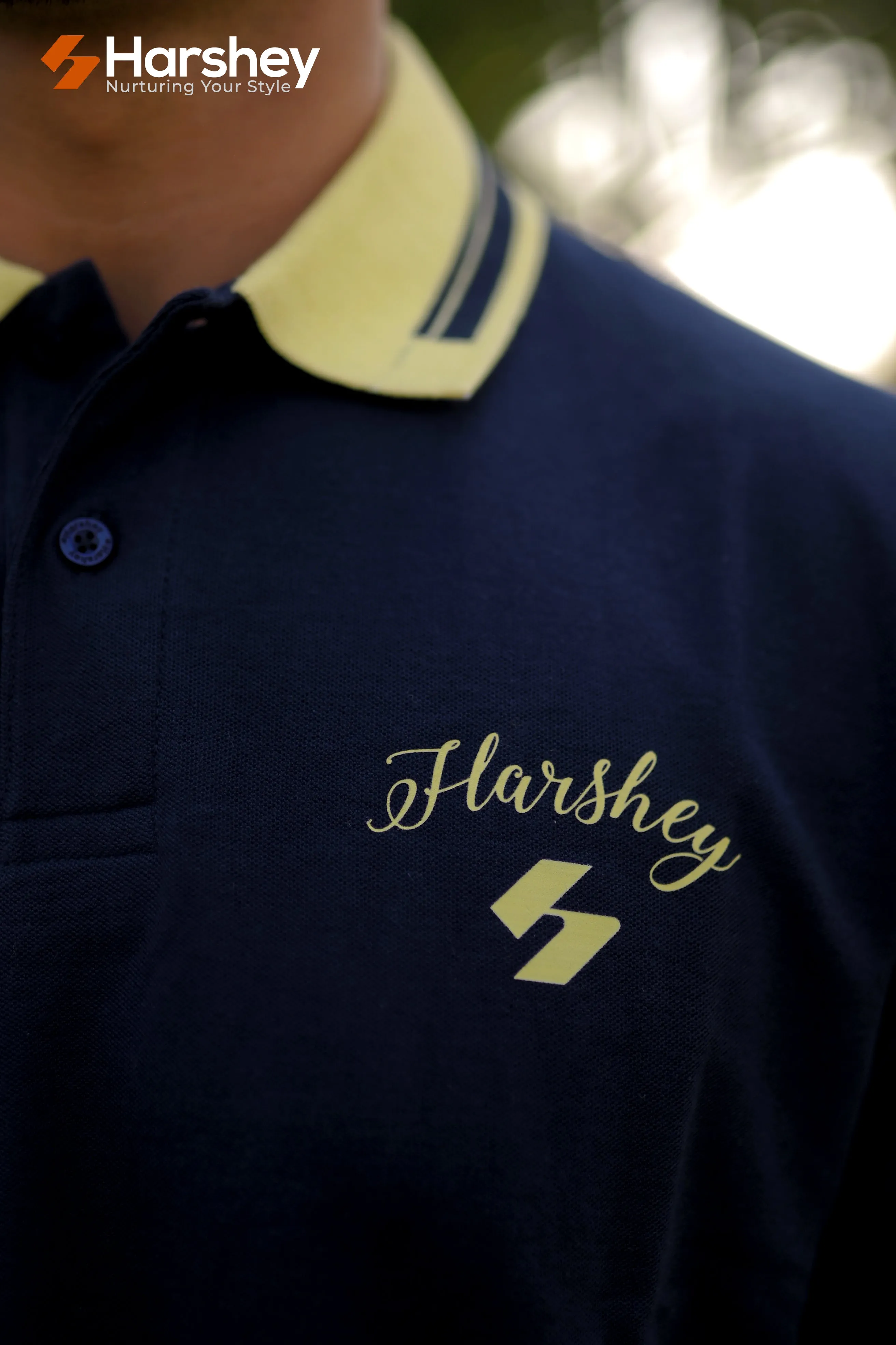 Polished Blue Polo with Mustard Yello Collar