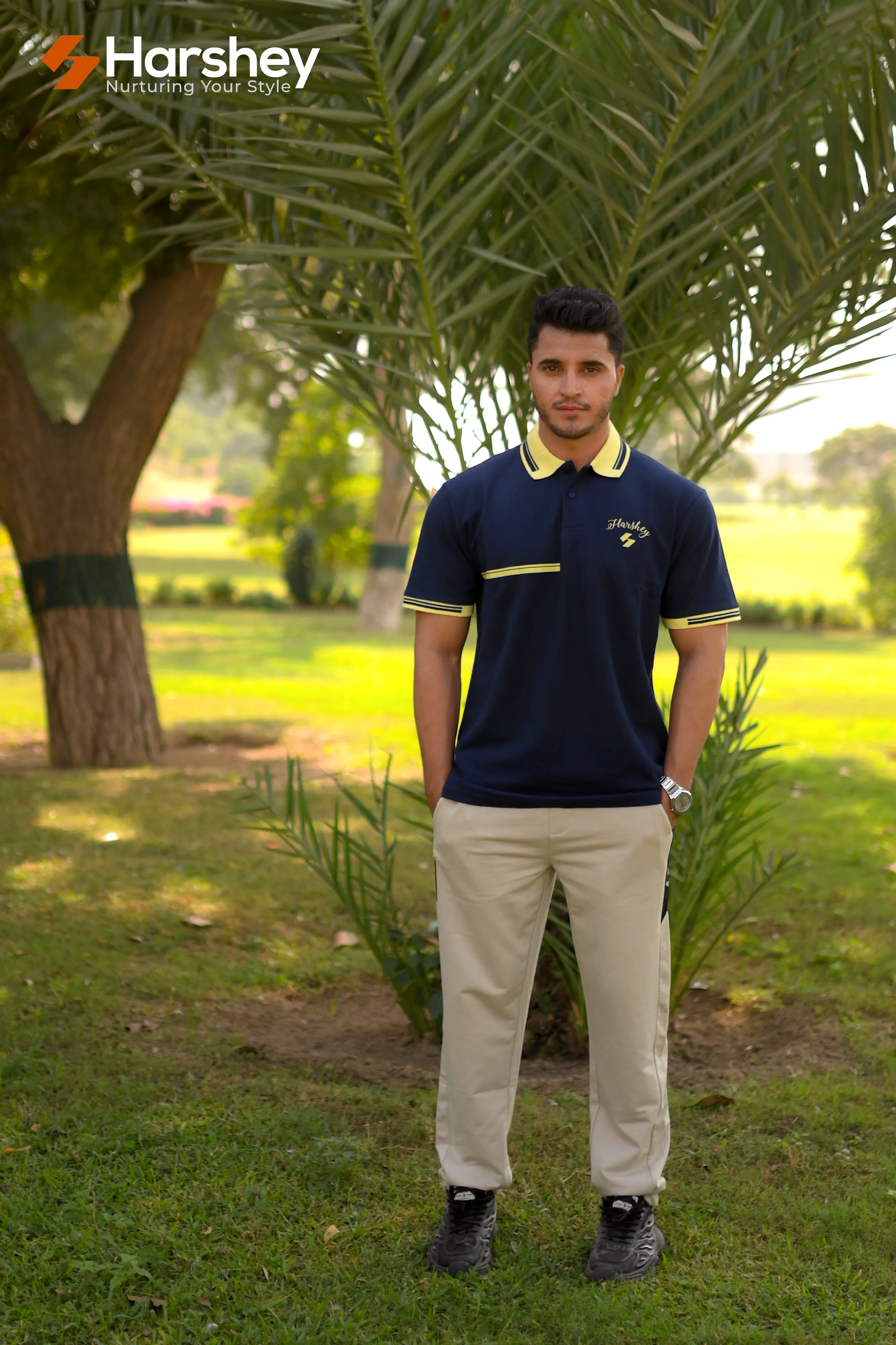 Polished Blue Polo with Mustard Yello Collar