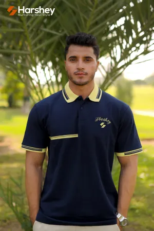 Polished Blue Polo with Mustard Yello Collar