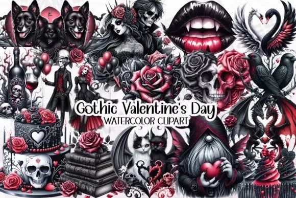 Printable Gothic Valentine's Day Clipart PNG Sublimation Graphic Digital Sublimation Clipart Use for Junk Journal Scrapbooks Wall decor etc