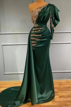 Prom dresses dark green Long Evening dresses with sleeves
