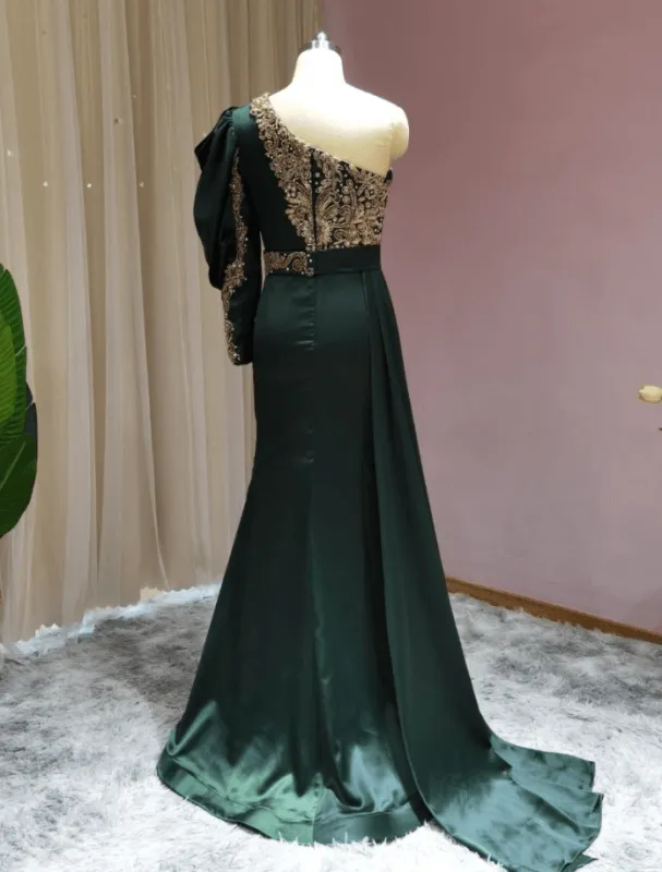 Prom dresses dark green Long Evening dresses with sleeves