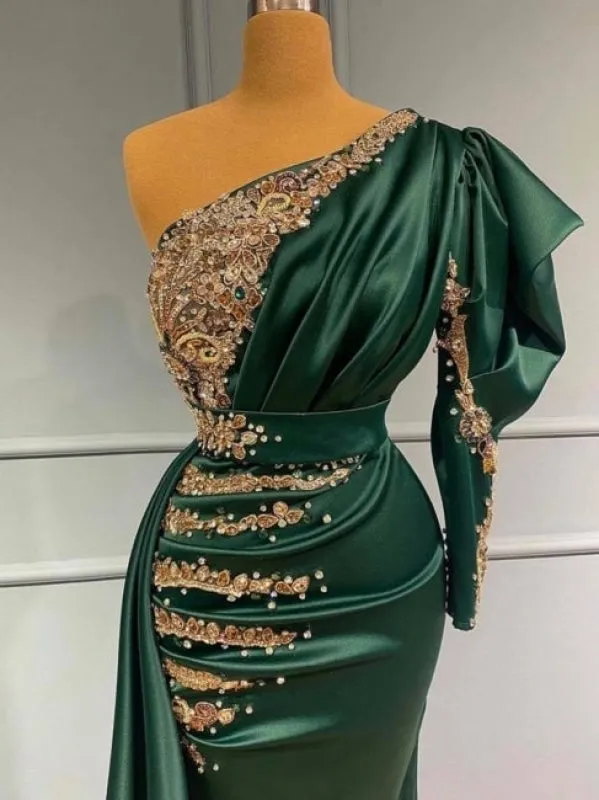 Prom dresses dark green Long Evening dresses with sleeves