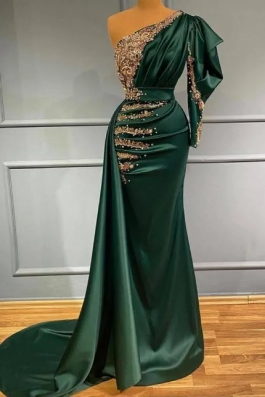 Prom dresses dark green Long Evening dresses with sleeves
