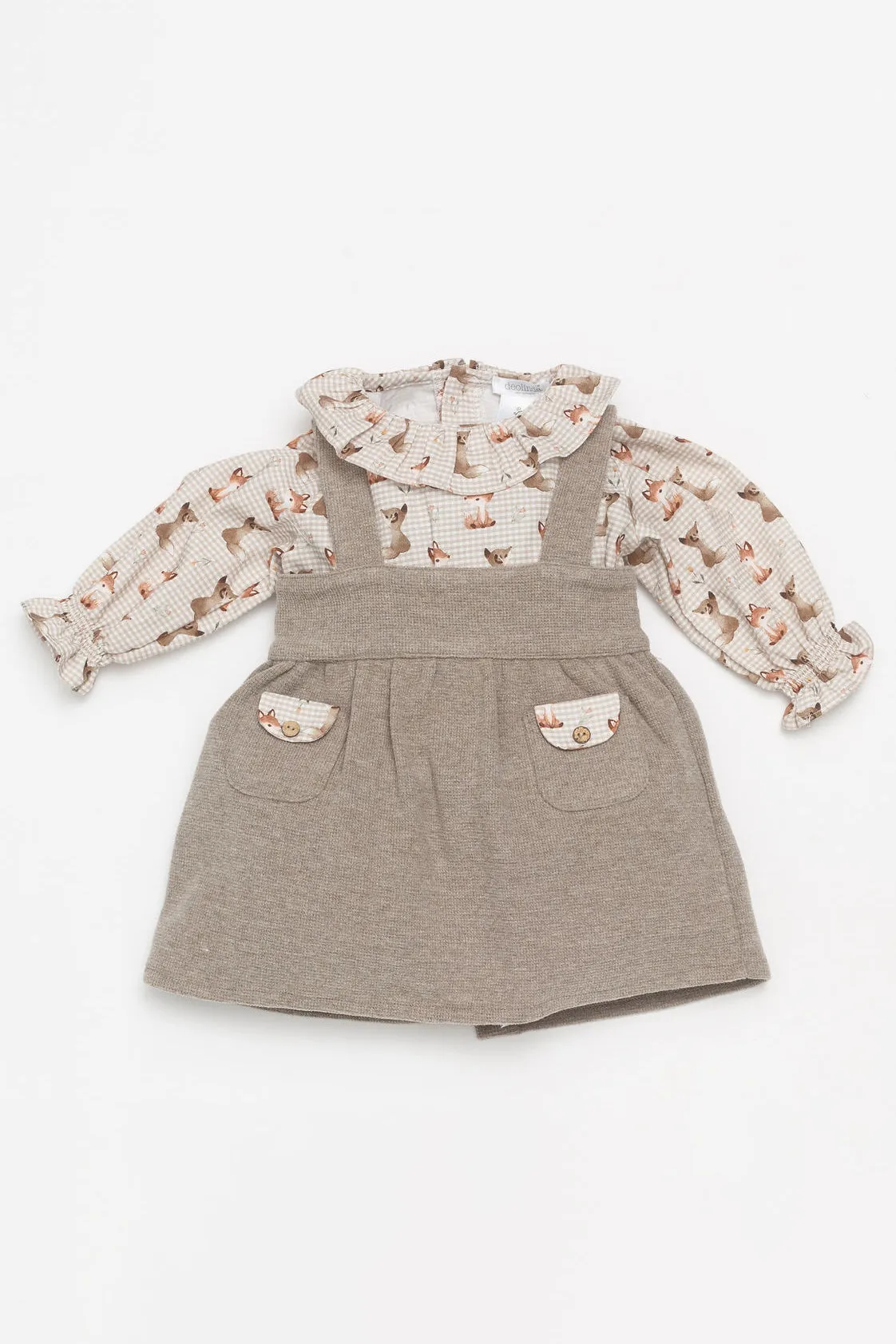 "Darcy" Beige Fox Print Blouse & Pinafore Dress