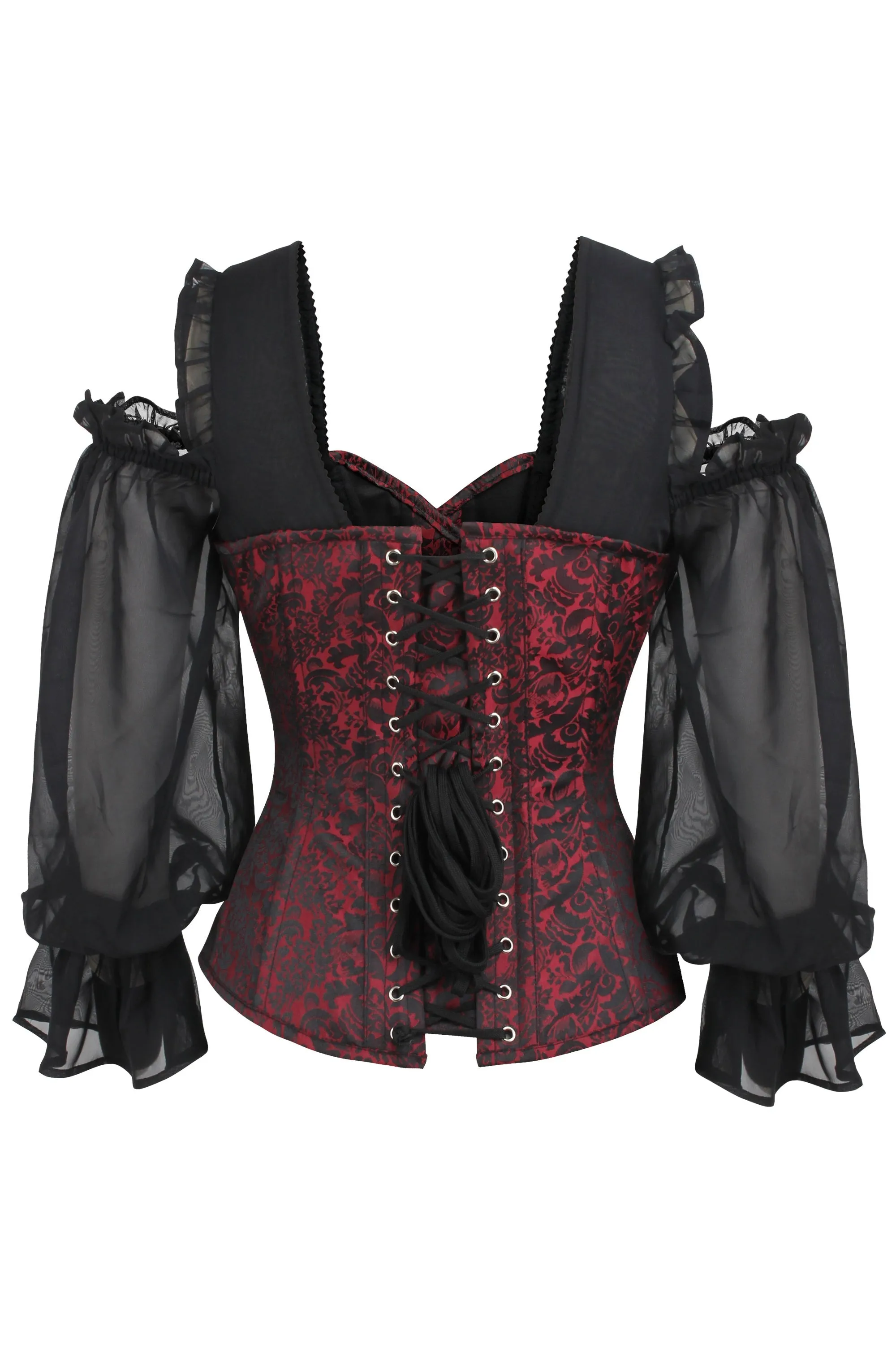 Red and Black Brocade Corset Top with Long Chiffon Sleeves