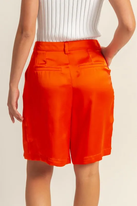 Red High-Waist Pleated Satin Shorts