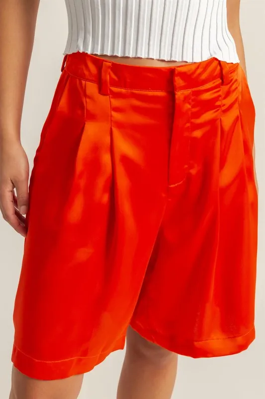 Red High-Waist Pleated Satin Shorts