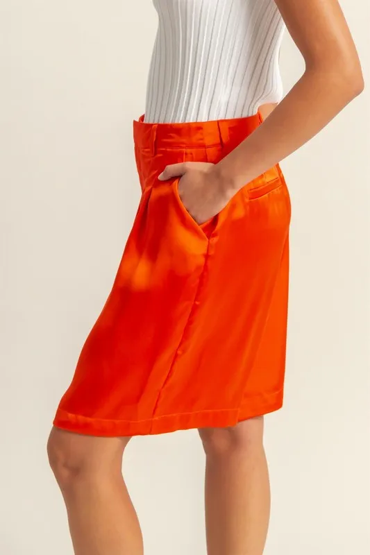 Red High-Waist Pleated Satin Shorts
