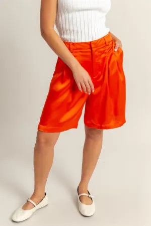 Red High-Waist Pleated Satin Shorts