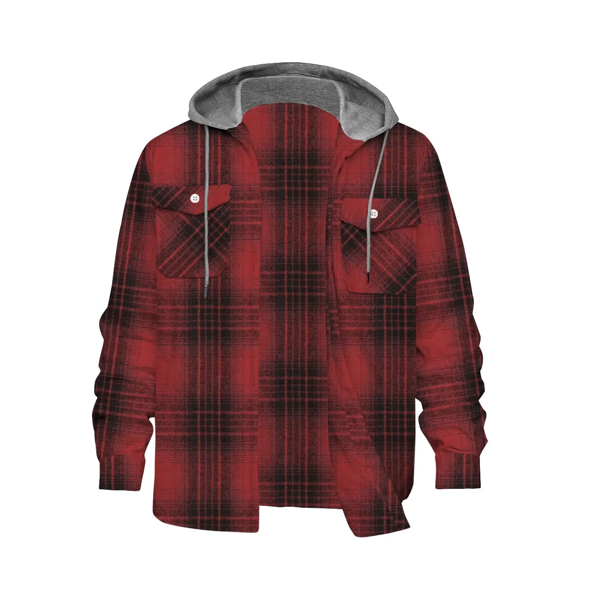 Red Large Plaid Long Sleeve Hooded Shirt
