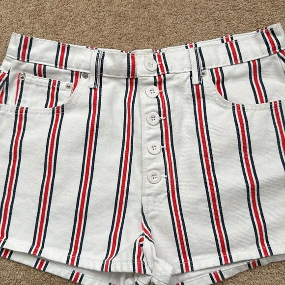 Reformation Charlie High Rise Grenada Red White &amp; Blue Striped Denim Shorts 31