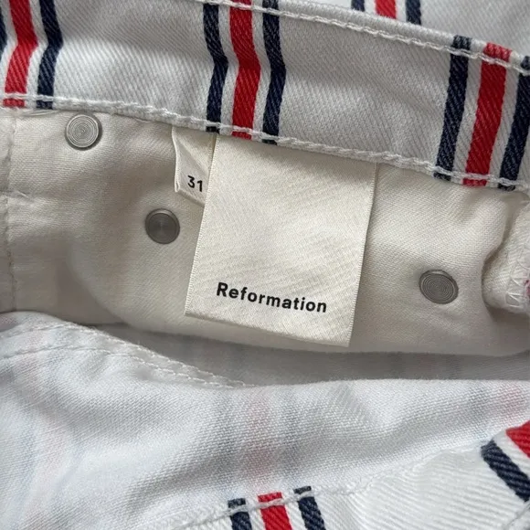 Reformation Charlie High Rise Grenada Red White &amp; Blue Striped Denim Shorts 31