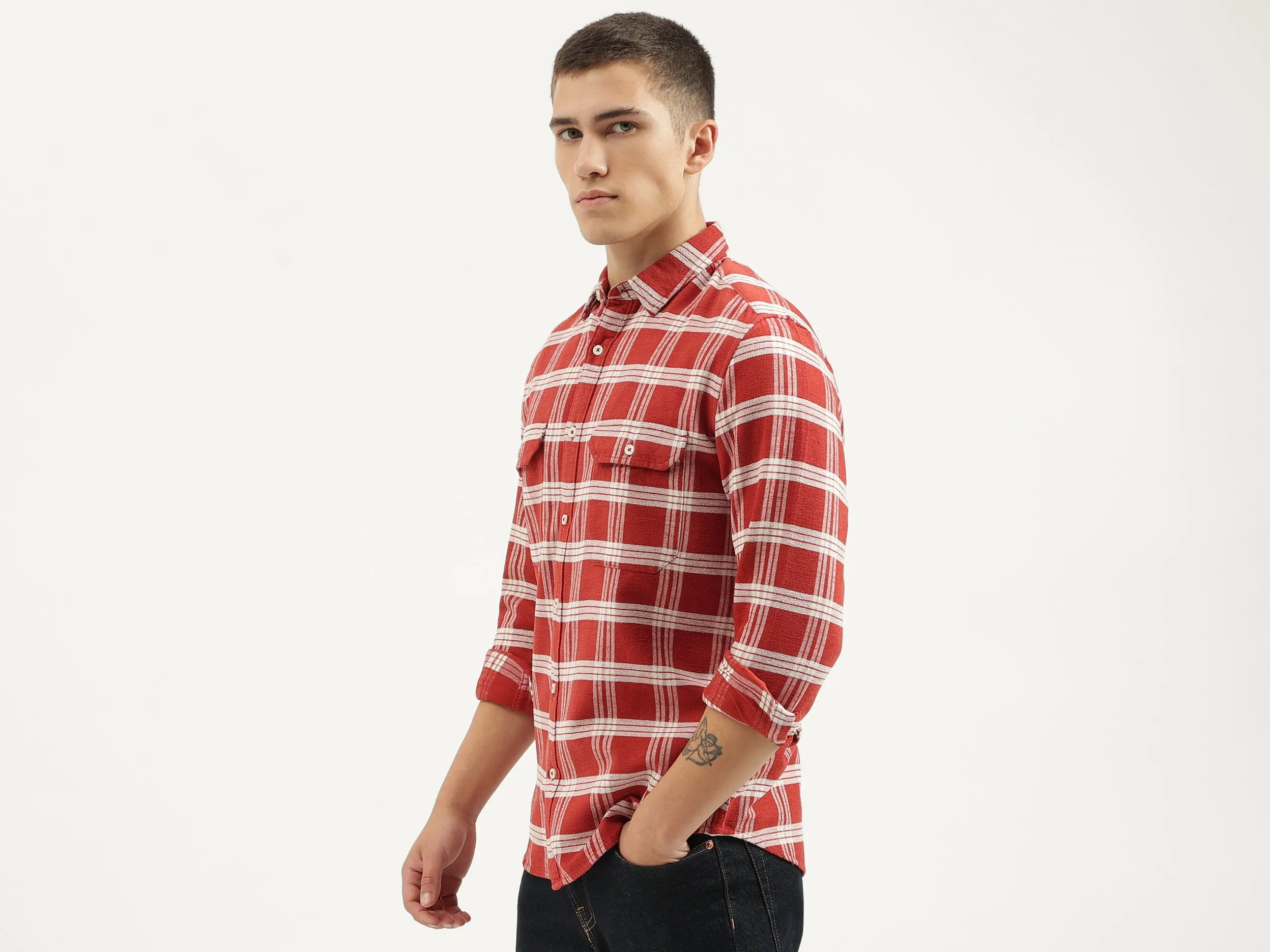 Regular Fit Spread Collar Checkered Shirts