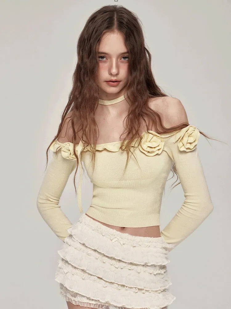 Romantic Off-Shoulder Ribbed Knit Top