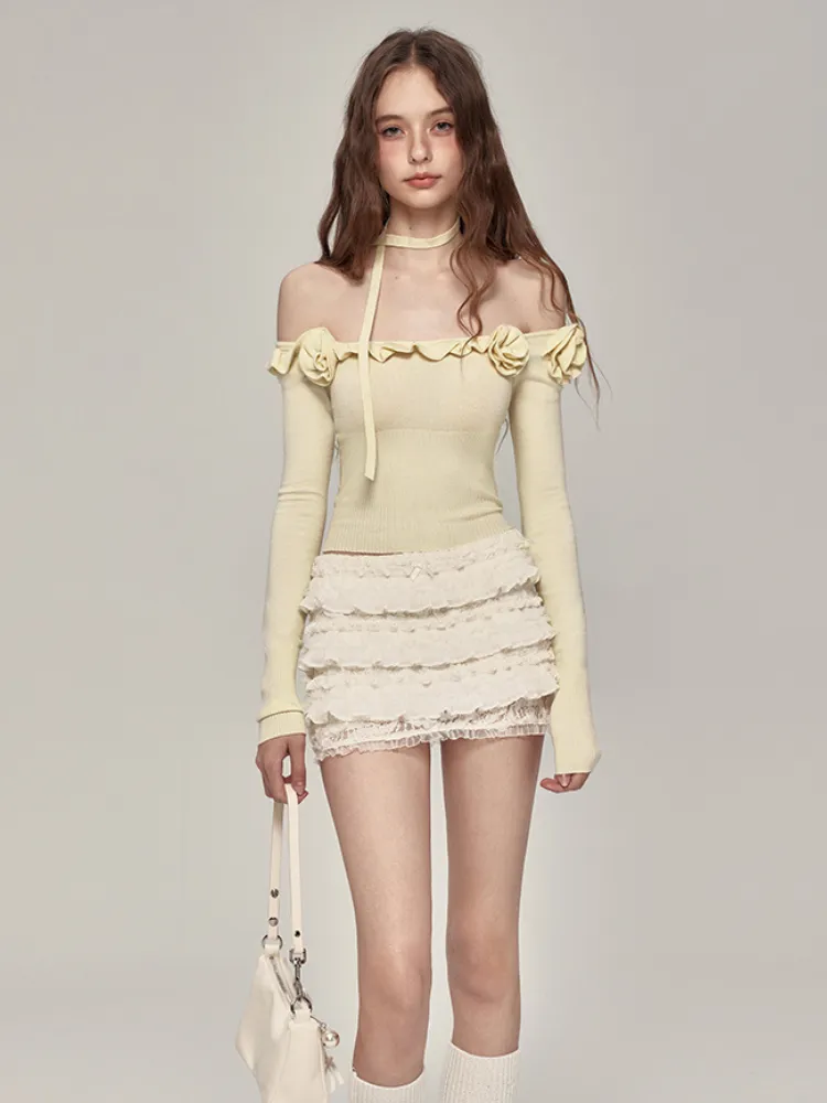 Romantic Off-Shoulder Ribbed Knit Top