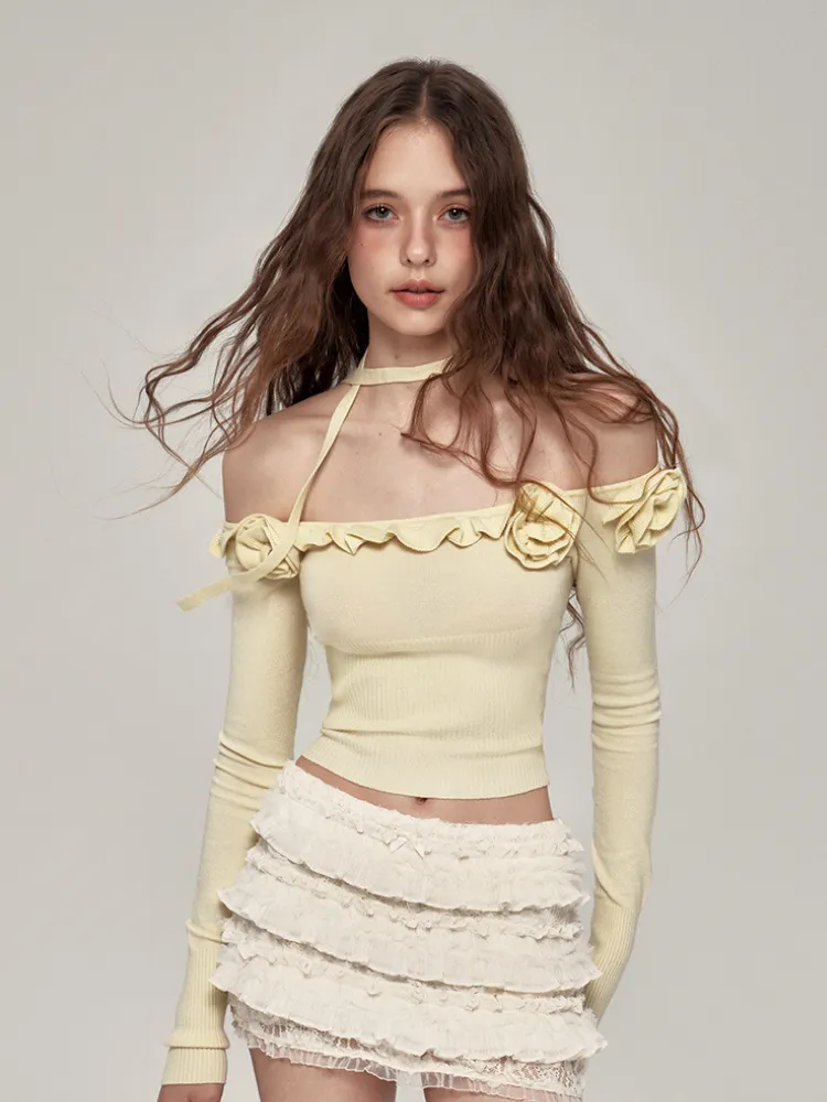 Romantic Off-Shoulder Ribbed Knit Top