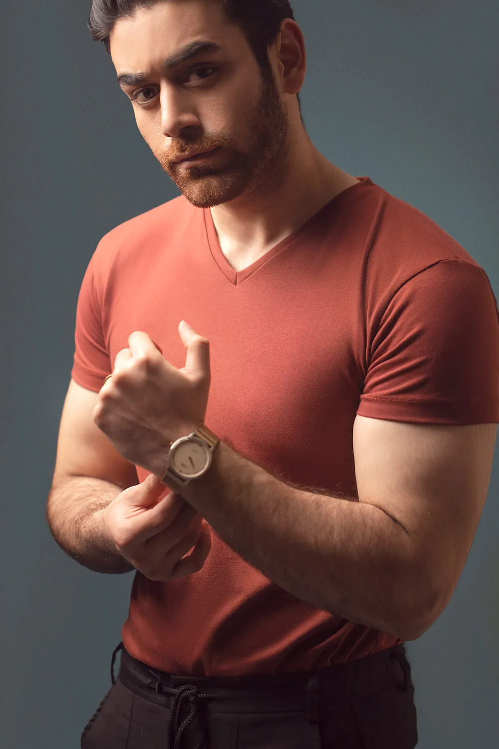 Rust Half Sleeve V Neck