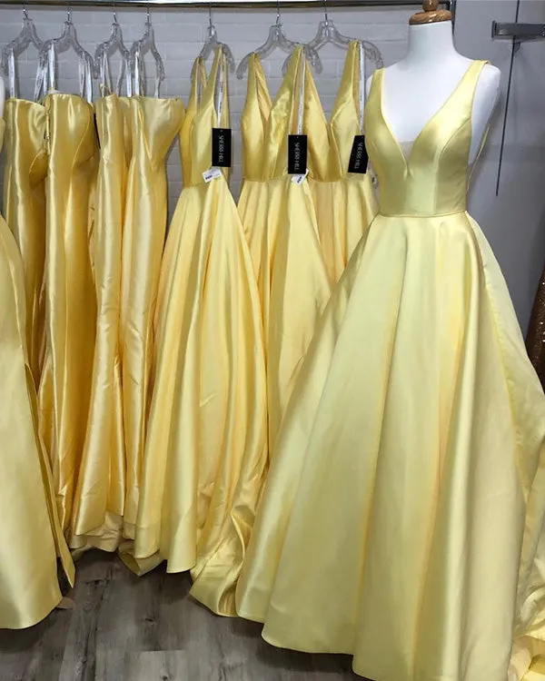 Sexy 2019 Elegant Yellow Satin Prom Dresses with V-Neck Long Prom Party Gowns