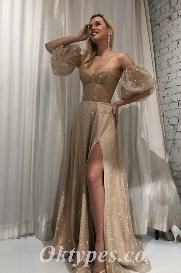 Sexy Shiny Sequin Tulle Sweetheart Sleeveless Side Slit Mermaid Long Prom Dresses With Applique,PDS0664