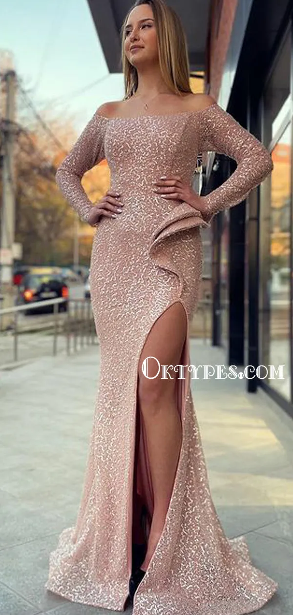 Sexy Straight Mermaid Sequin Side Slit Long Prom Dresses, TYP0225