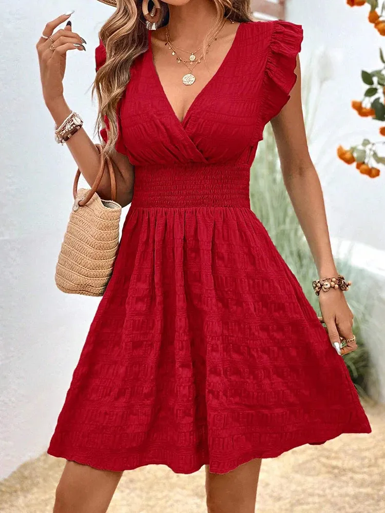 Short Casual Mini Dress - Sleeveless V-Neck
