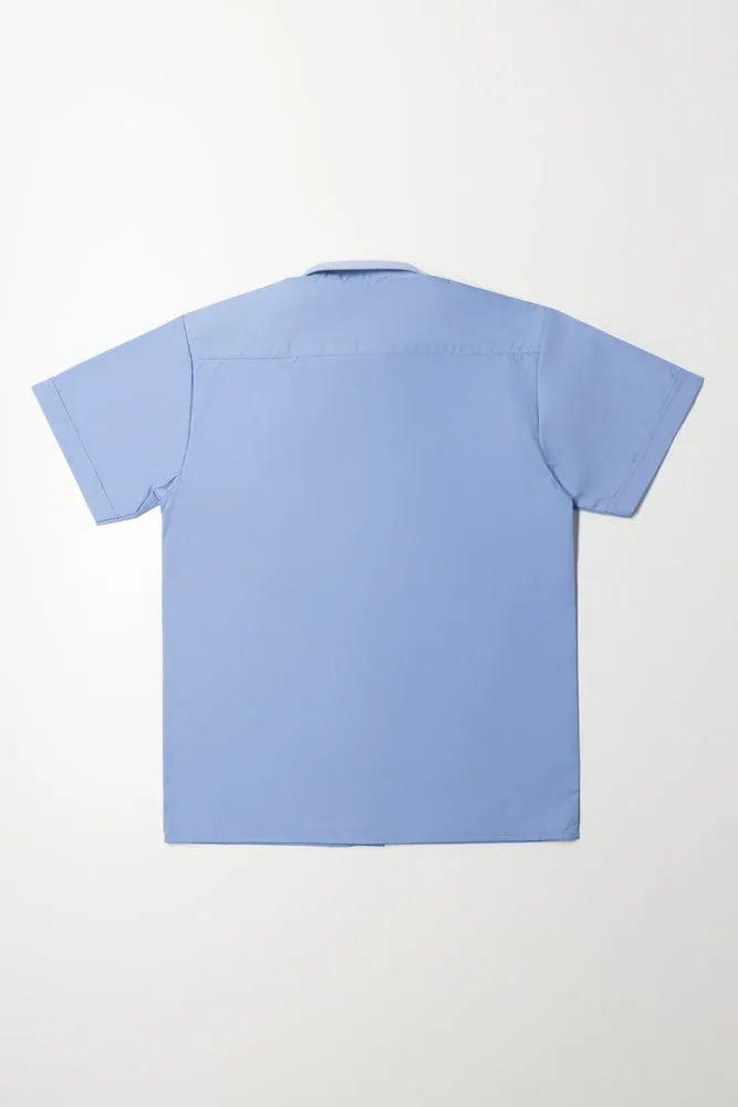 Short Sleeve Raised Collar Shirt Blue