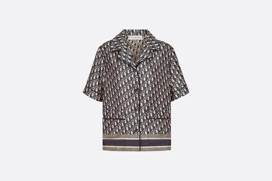 Short-Sleeved Pajama Jacket • Navy Blue and White Silk Twill with Dior Oblique Motif