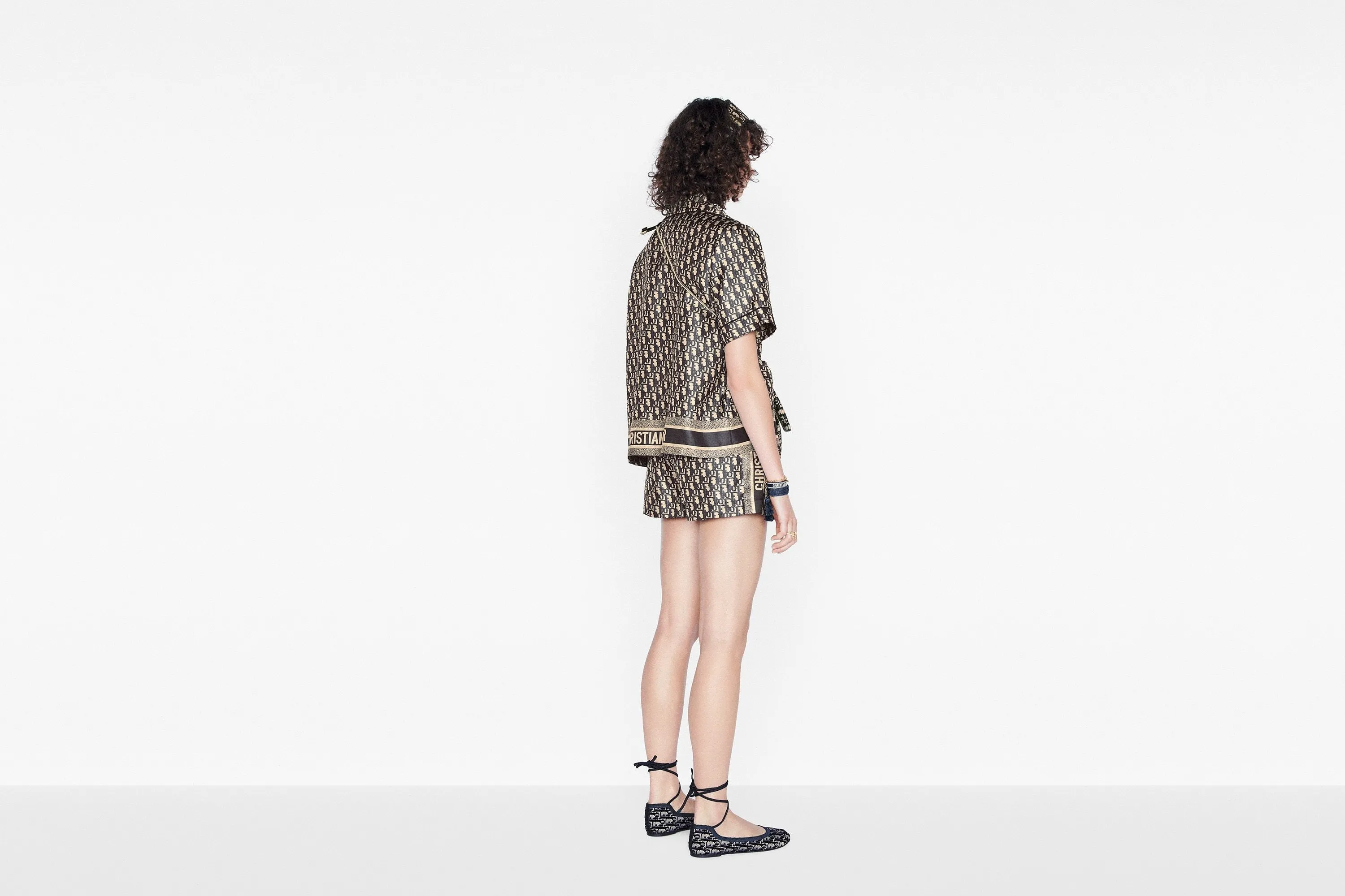 Short-Sleeved Pajama Jacket • Navy Blue and White Silk Twill with Dior Oblique Motif
