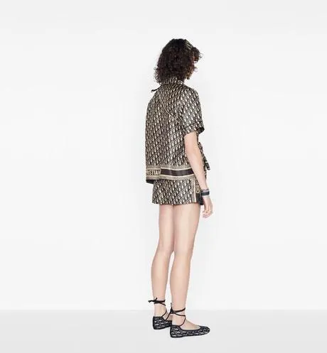 Short-Sleeved Pajama Jacket • Navy Blue and White Silk Twill with Dior Oblique Motif
