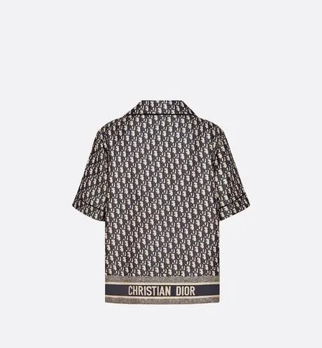 Short-Sleeved Pajama Jacket • Navy Blue and White Silk Twill with Dior Oblique Motif