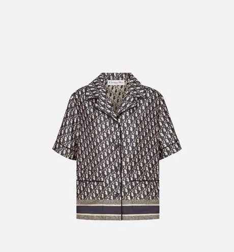 Short-Sleeved Pajama Jacket • Navy Blue and White Silk Twill with Dior Oblique Motif